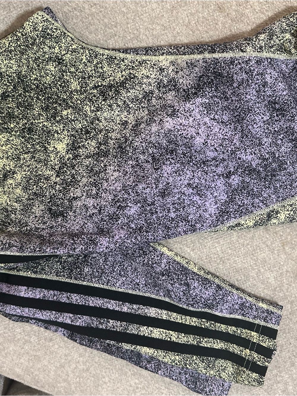 Women’s Adidas Purple and Yellow Speckled Leggings with Black Three-Stripes
